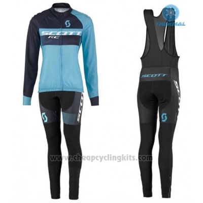 2016 Cycling Jersey Women Scott Blue and Black Long Sleeve and Bib Tight