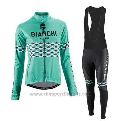 2016 Cycling Jersey Women Bianchi Black and Green Long Sleeve and Bib Tight